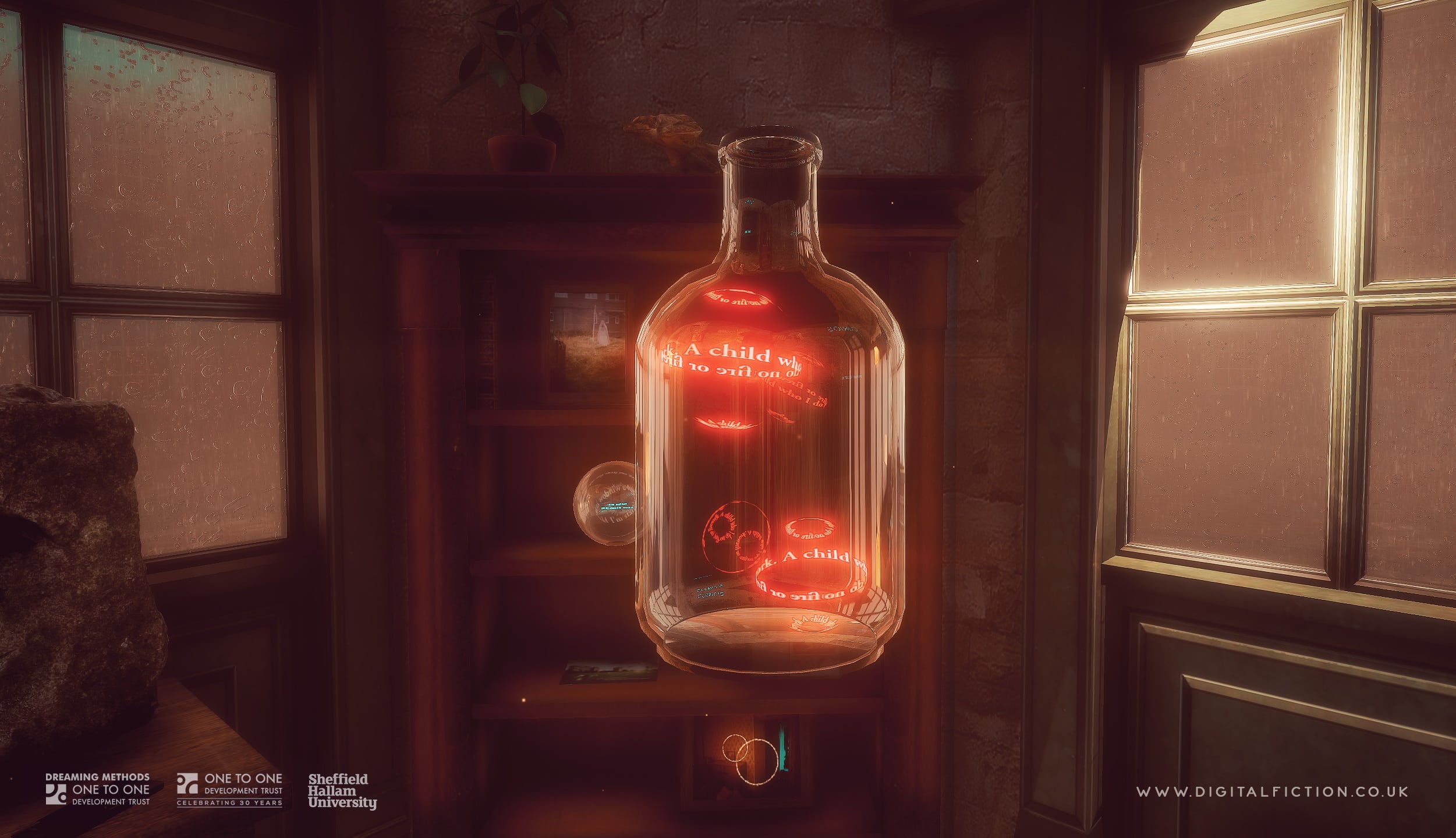 A screenshot from Digital Fiction Curios showing a small glass bottle containing floating, glowing words